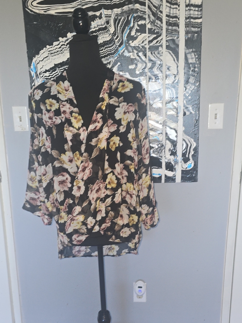 Leith Black Floral Surplice Blouse with Pink & Yellow Blooms